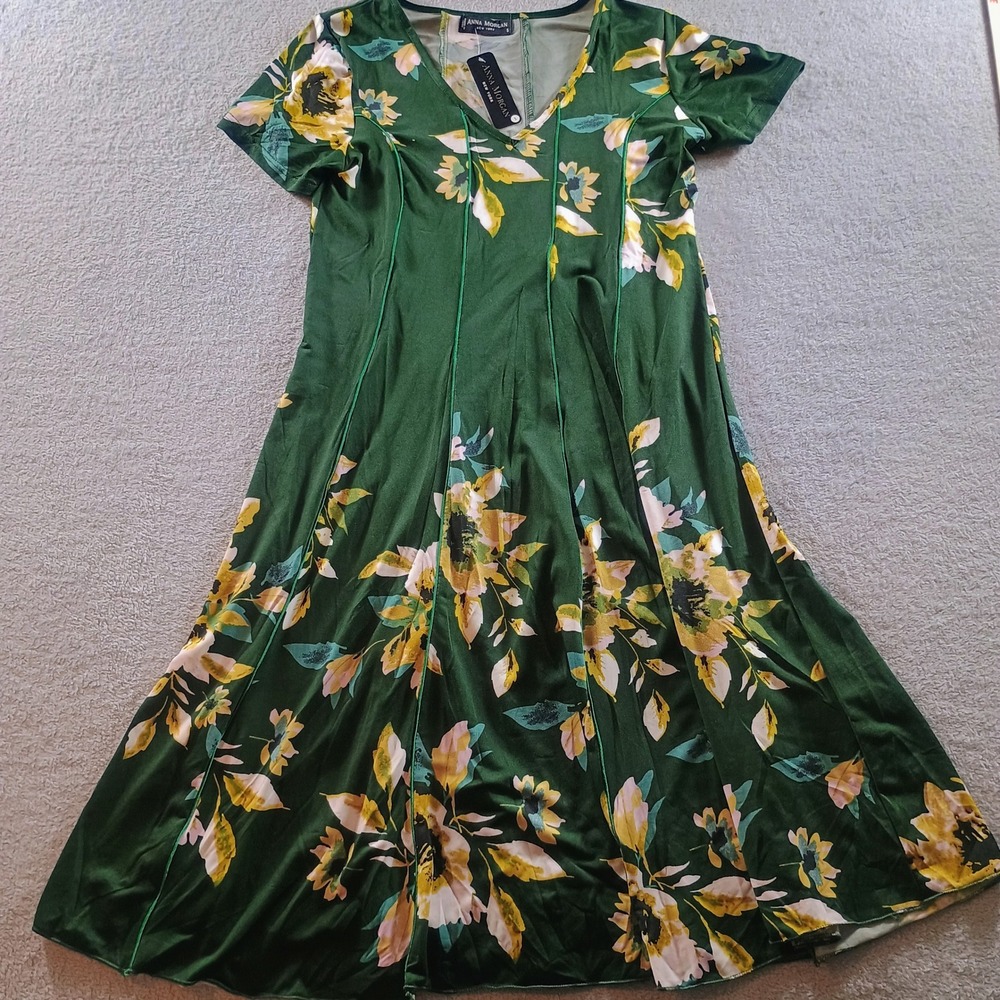 Anna Morgan Womens Floral V-Neck Midi Dress Green Yellow Size S NWT Piping‎